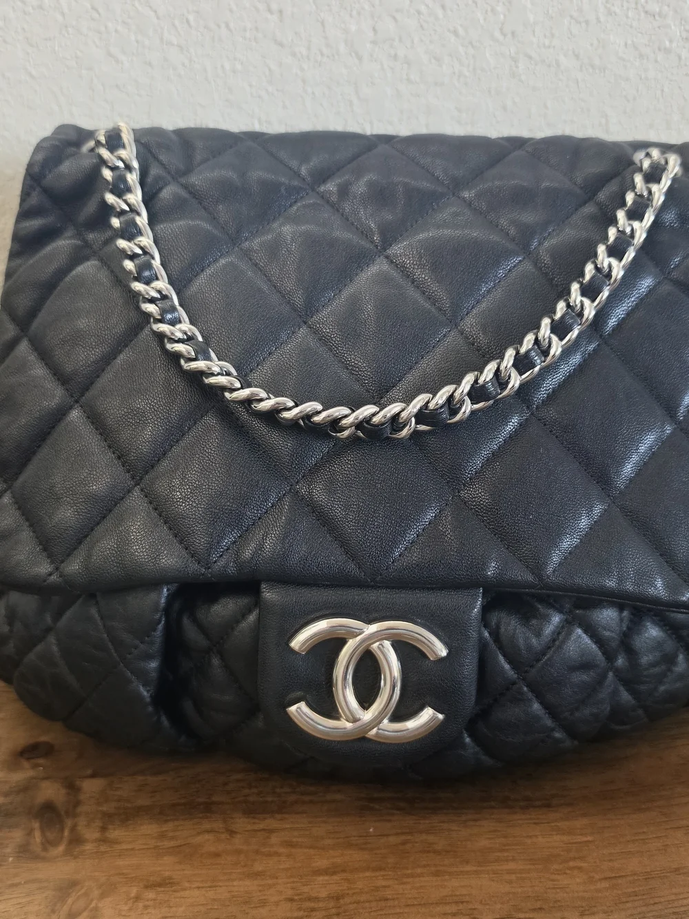 Chanel Black Puffy Quilted Lambskin Leather Chain Flap Bag